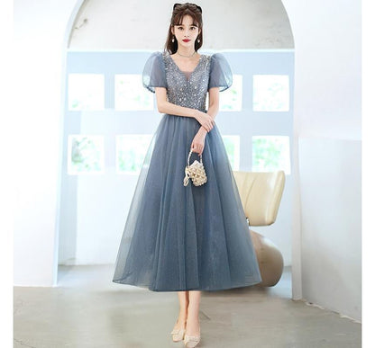 Short-Sleeve V-Neck Mesh A-Line Evening Gown / Midi Evening Dress