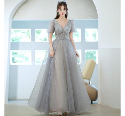 Short-Sleeve V-Neck Mesh A-Line Evening Gown / Midi Evening Dress
