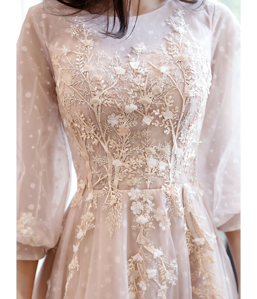 Crew Gown Neck A-Line Evening Long-Sleeve Mesh