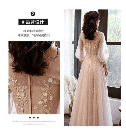 Crew Gown Neck A-Line Evening Long-Sleeve Mesh