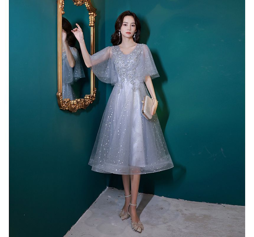 Short-Sleeve V-Neck Sequin Mesh Midi A-Line Evening Dress