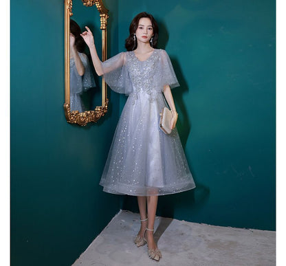 Short-Sleeve V-Neck Sequin Mesh Midi A-Line Evening Dress