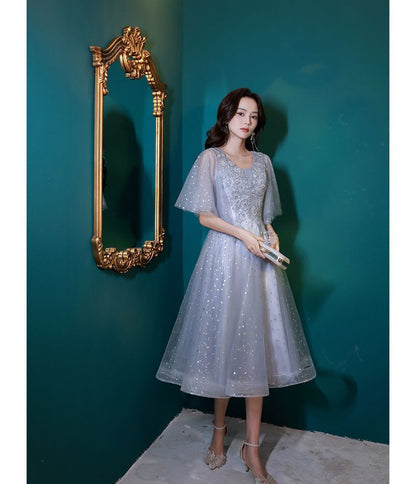 Short-Sleeve V-Neck Sequin Mesh Midi A-Line Evening Dress