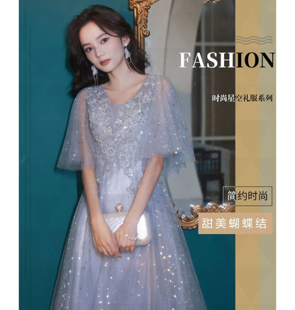 Short-Sleeve V-Neck Sequin Mesh Midi A-Line Evening Dress