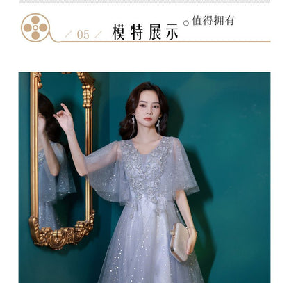 Short-Sleeve V-Neck Sequin Mesh Midi A-Line Evening Dress