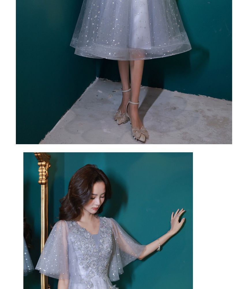 Short-Sleeve V-Neck Sequin Mesh Midi A-Line Evening Dress