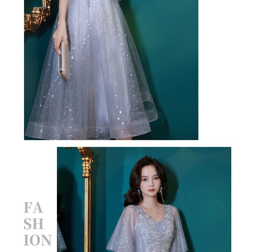 Short-Sleeve V-Neck Sequin Mesh Midi A-Line Evening Dress