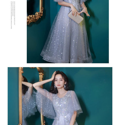 Short-Sleeve V-Neck Sequin Mesh Midi A-Line Evening Dress