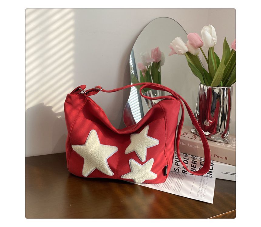 Star Applique Color Block Light Nylon Zipper Crossbody Bag