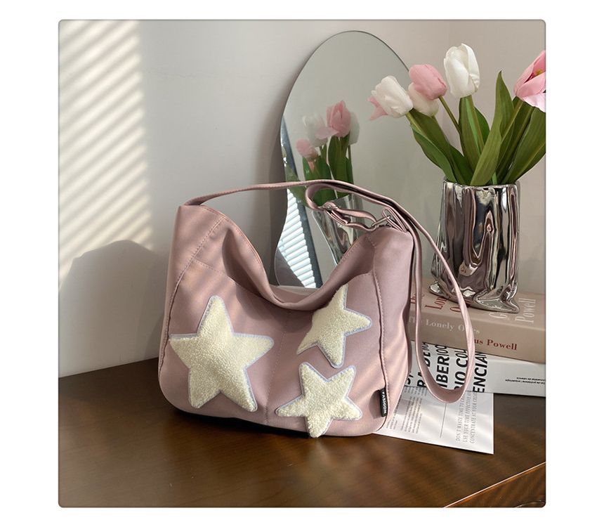 Star Applique Color Block Light Nylon Zipper Crossbody Bag