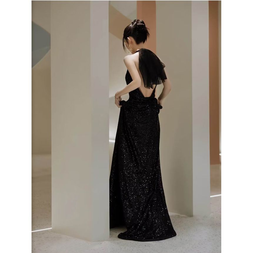 Halter Neck Sequin Open Back Mermaid Evening Gown
