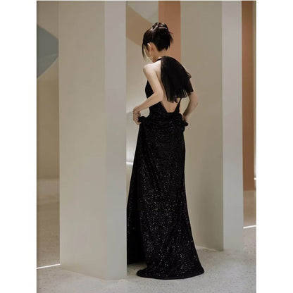 Halter Neck Sequin Open Back Mermaid Evening Gown