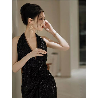 Halter Neck Sequin Open Back Mermaid Evening Gown