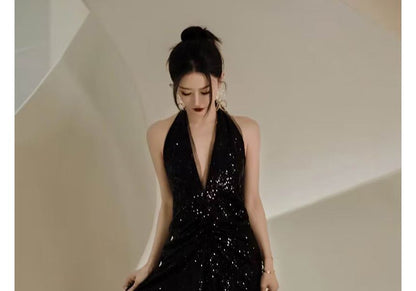 Halter Neck Sequin Open Back Mermaid Evening Gown
