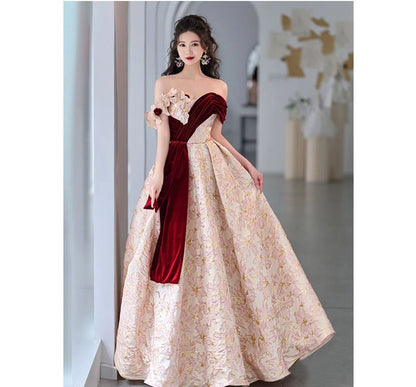Off-Shoulder Asymmetrical Floral Embossed Velvet Panel Trained A-Line Evening Gown