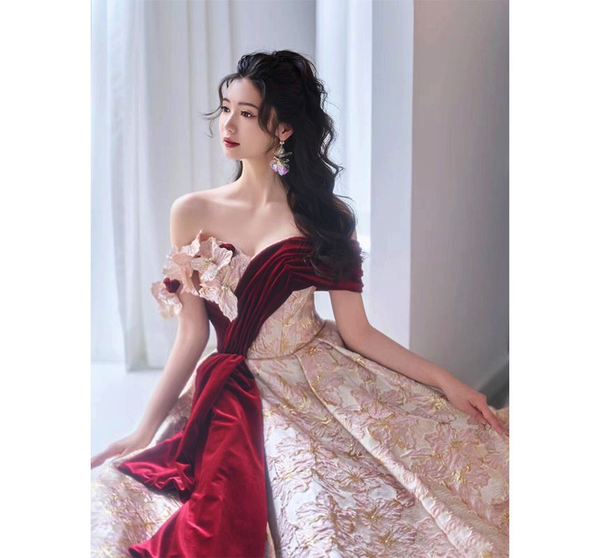 Off-Shoulder Asymmetrical Floral Embossed Velvet Panel Trained A-Line Evening Gown