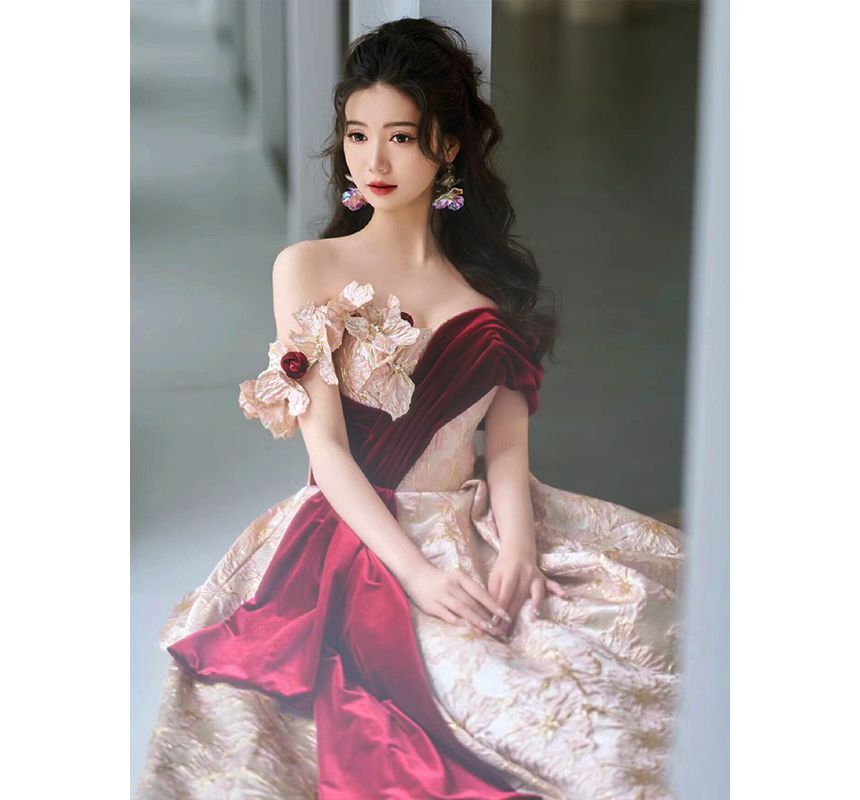 Off-Shoulder Asymmetrical Floral Embossed Velvet Panel Trained A-Line Evening Gown