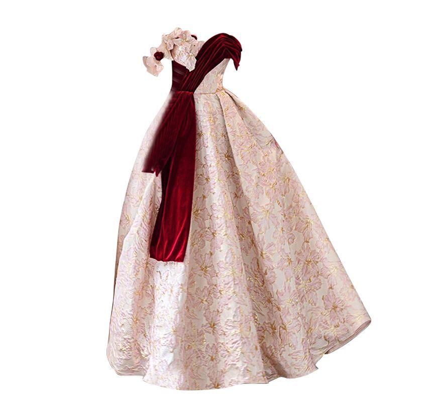 Off-Shoulder Asymmetrical Floral Embossed Velvet Panel Trained A-Line Evening Gown