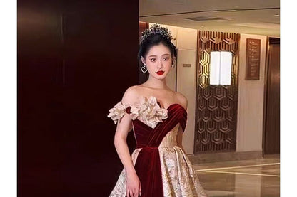 Off-Shoulder Asymmetrical Floral Embossed Velvet Panel Trained A-Line Evening Gown