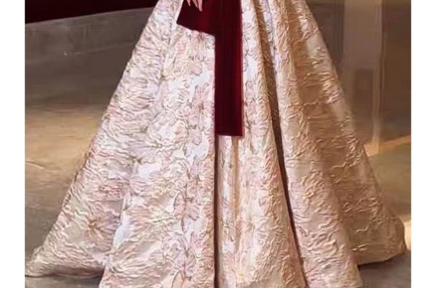 Off-Shoulder Asymmetrical Floral Embossed Velvet Panel Trained A-Line Evening Gown