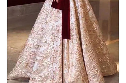 Off-Shoulder Asymmetrical Floral Embossed Velvet Panel Trained A-Line Evening Gown
