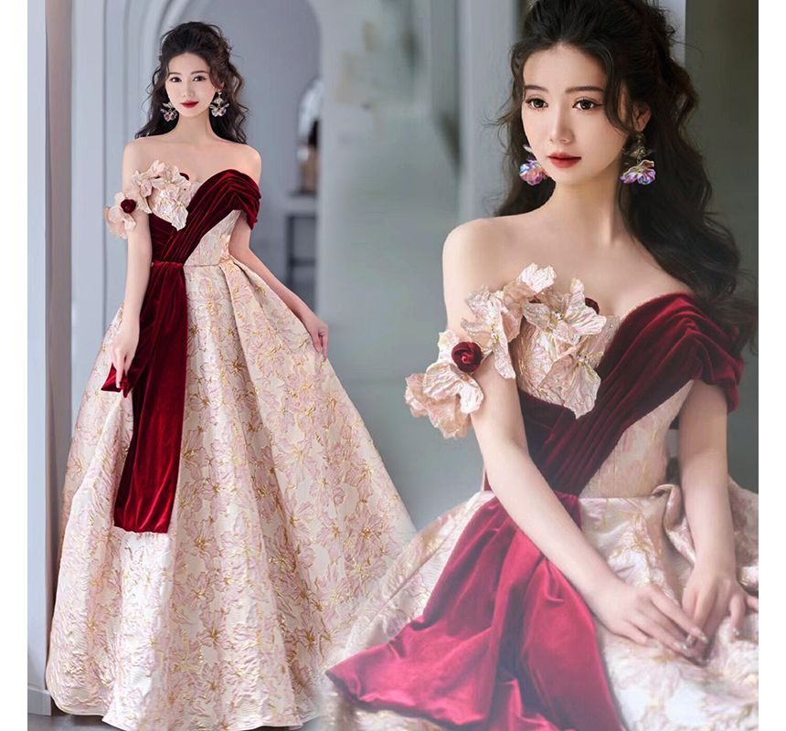 Off-Shoulder Asymmetrical Floral Embossed Velvet Panel Trained A-Line Evening Gown