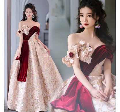 Off-Shoulder Asymmetrical Floral Embossed Velvet Panel Trained A-Line Evening Gown