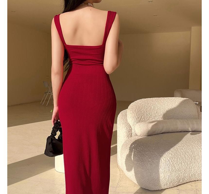 Square Neck Sheath Maxi Dress with Thin Straps