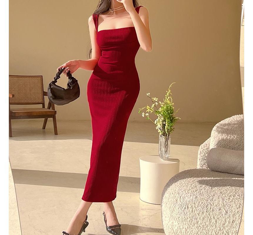 Square Neck Sheath Maxi Dress with Thin Straps