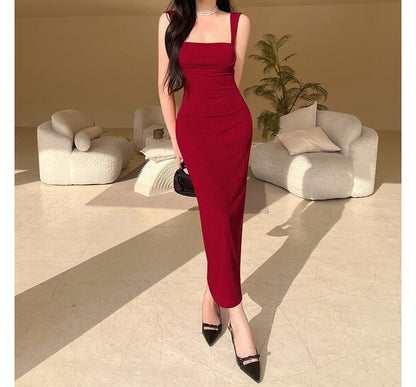 Square Neck Sheath Maxi Dress with Thin Straps