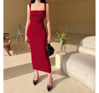 Square Neck Sheath Maxi Dress with Thin Straps