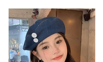 Button Washed Denim Beret