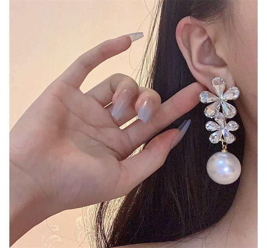 Drop Earring Faux Rhinestone Pearl Flower