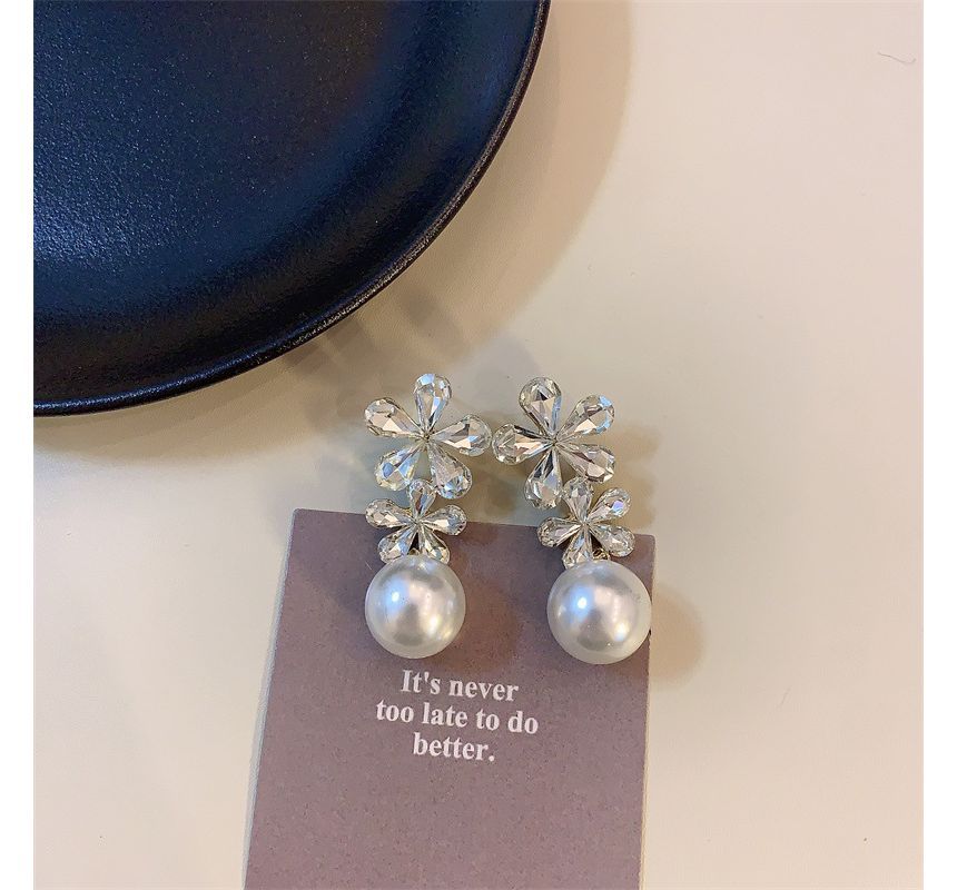 Drop Earring Faux Rhinestone Pearl Flower