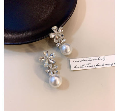 Drop Earring Faux Rhinestone Pearl Flower
