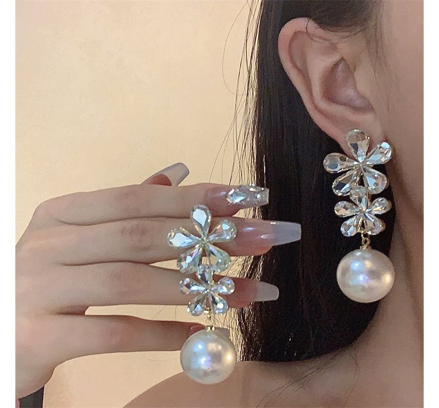 Drop Earring Faux Rhinestone Pearl Flower