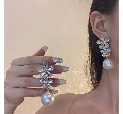 Drop Earring Faux Rhinestone Pearl Flower