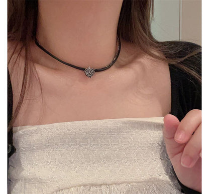 Rhinestone Heart Faux Leather Cord Necklace