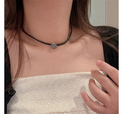 Rhinestone Heart Faux Leather Cord Necklace