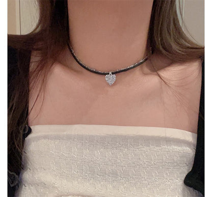 Rhinestone Heart Faux Leather Cord Necklace