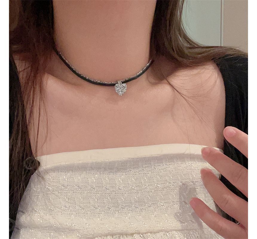 Rhinestone Heart Faux Leather Cord Necklace