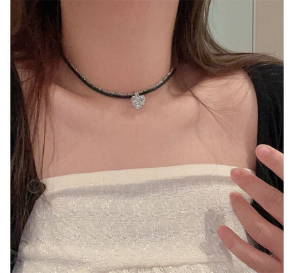 Rhinestone Heart Faux Leather Cord Necklace