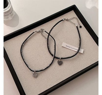 Rhinestone Heart Faux Leather Cord Necklace