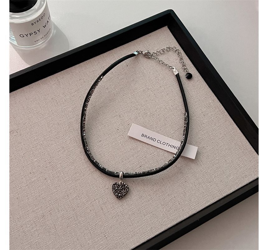 Rhinestone Heart Faux Leather Cord Necklace