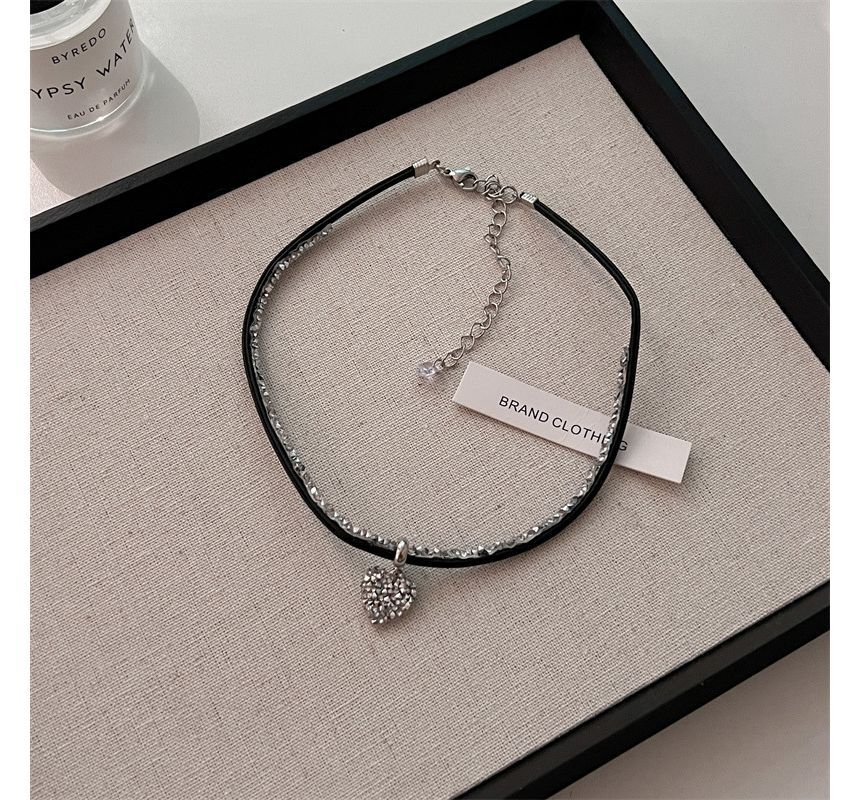 Rhinestone Heart Faux Leather Cord Necklace