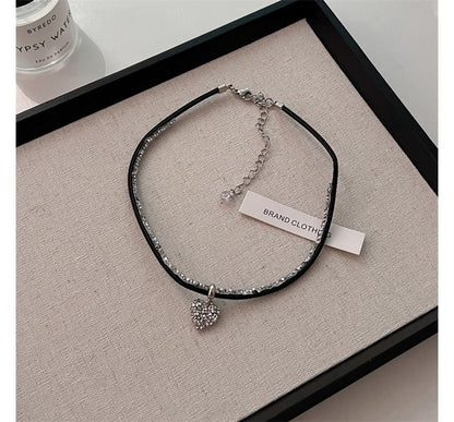 Rhinestone Heart Faux Leather Cord Necklace