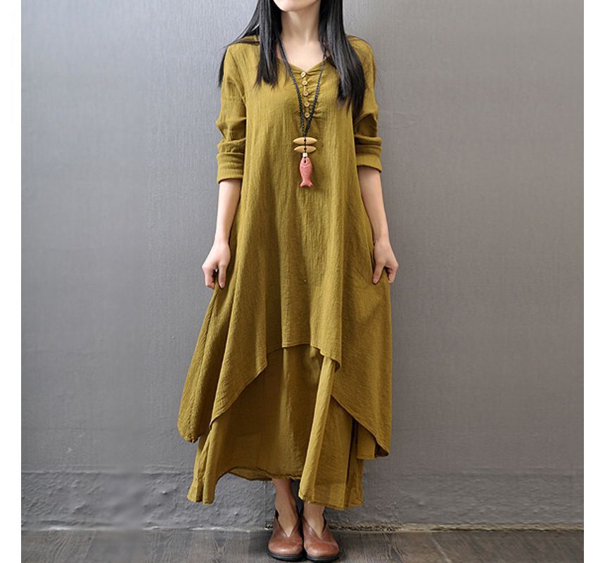V-Neck Long Sleeve Asymmetrical A-Line Maxi