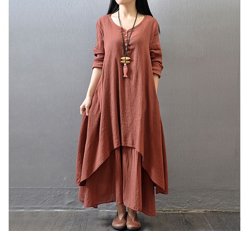 V-Neck Long Sleeve Asymmetrical A-Line Maxi