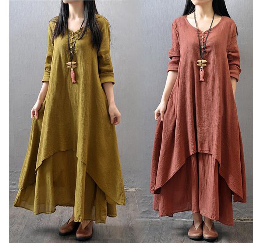 V-Neck Long Sleeve Asymmetrical A-Line Maxi