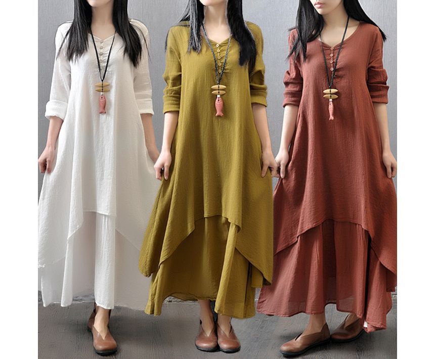 V-Neck Long Sleeve Asymmetrical A-Line Maxi